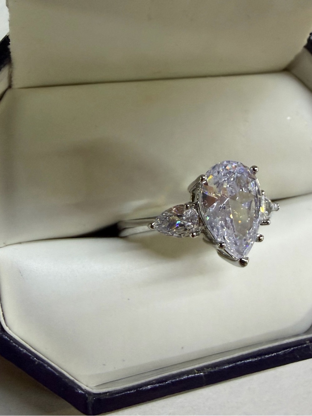 Pear-Shaped White Cubic Zirconia Three-Stone Ring in Silver Tone - Picture 2 of 4